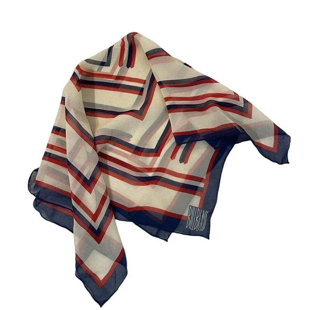 Vintage Bill Blass Square Scarf Red White Blue Geometric Sheer Americana 20x20